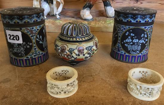 2 cloisonne cannisters, pair of bone napkin rings and a Japanese koro